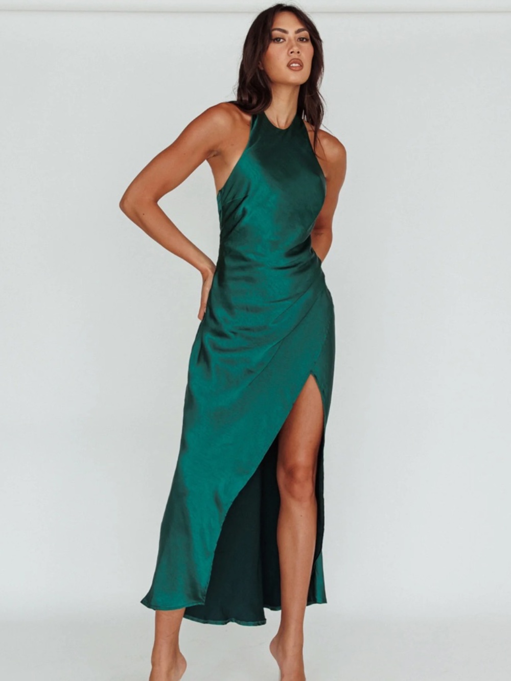 Selfie Leslie Sonoma Halterneck Faux Wrap Twist Back Maxi Dress Forest Green